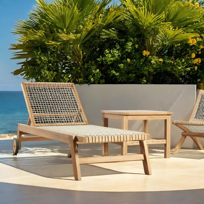 Bain de soleil en teck et corde avec roulette naturel Leina