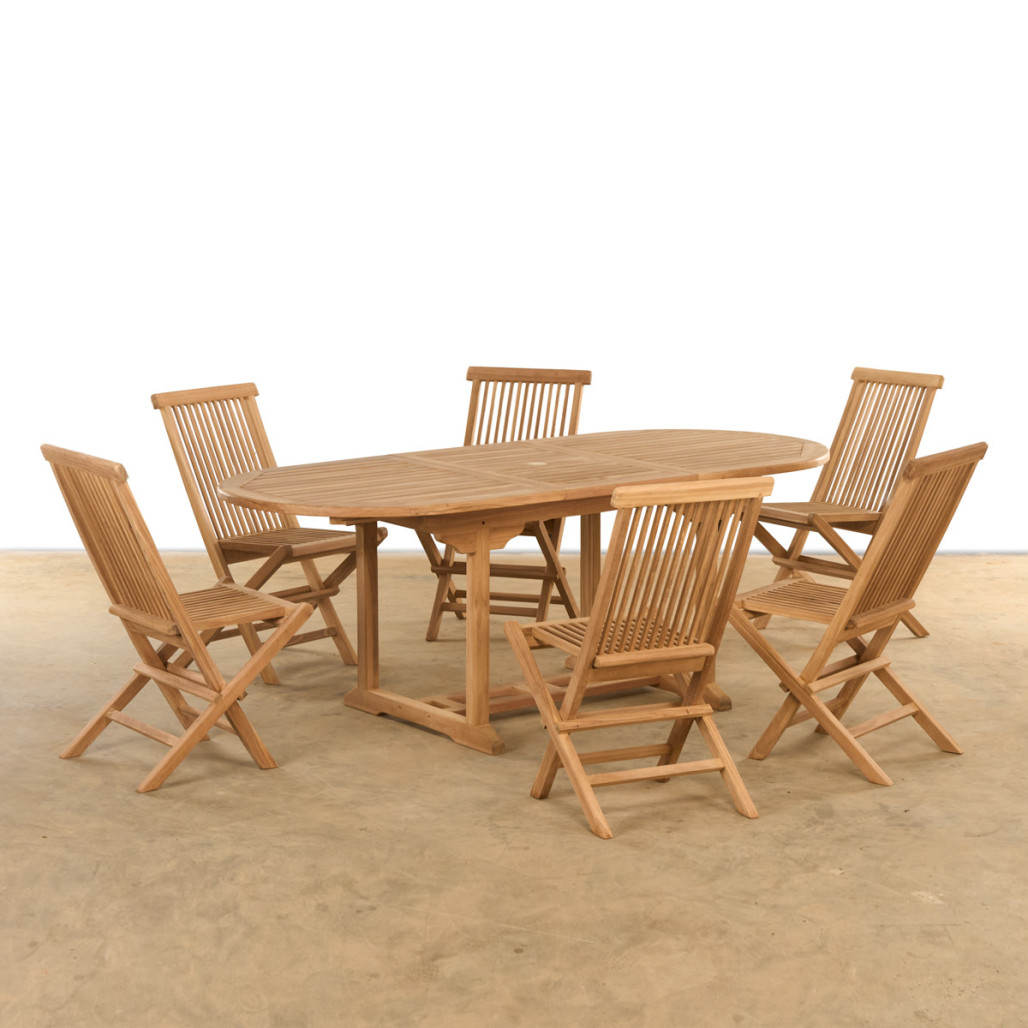Ensemble jardin en teck massif table ovale extensible et 6 chaises pliantes