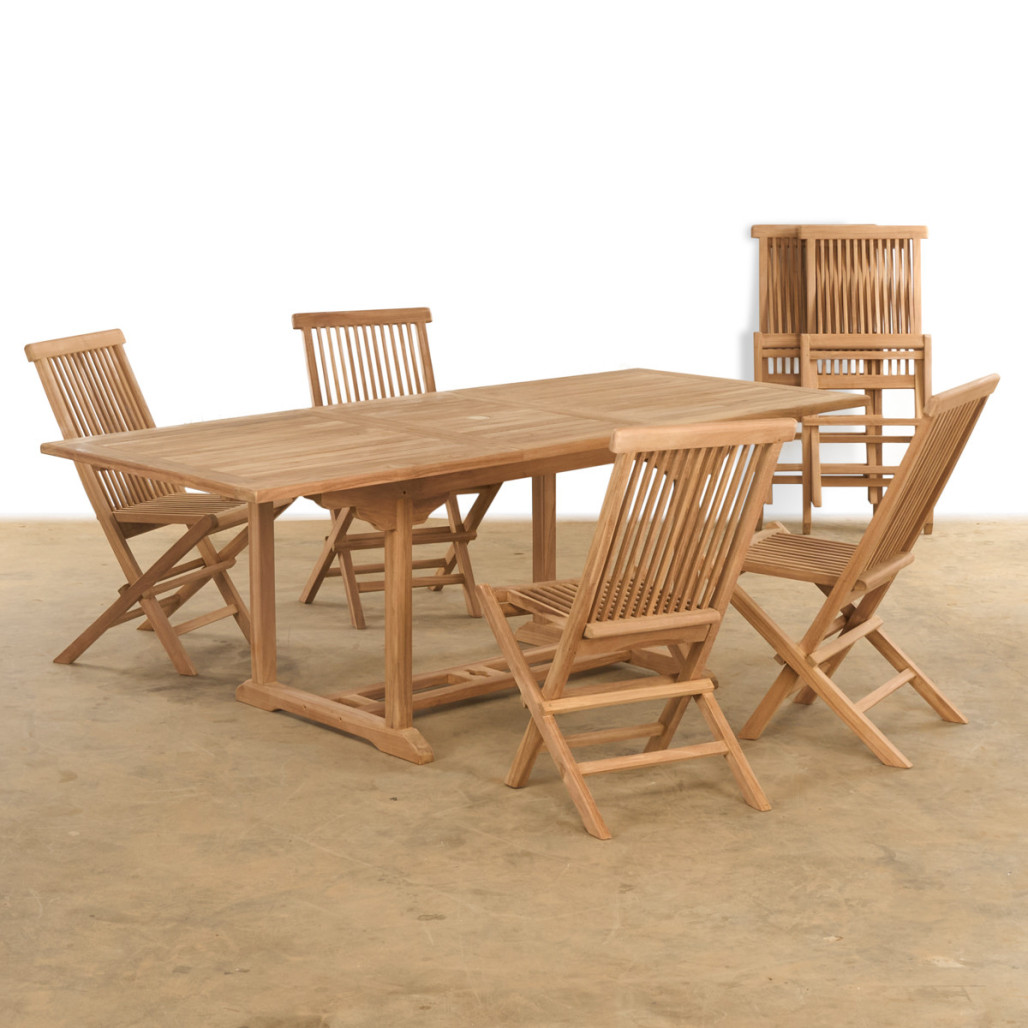 Ensemble table de jardin extensible et 6 chaises pliantes en teck massif