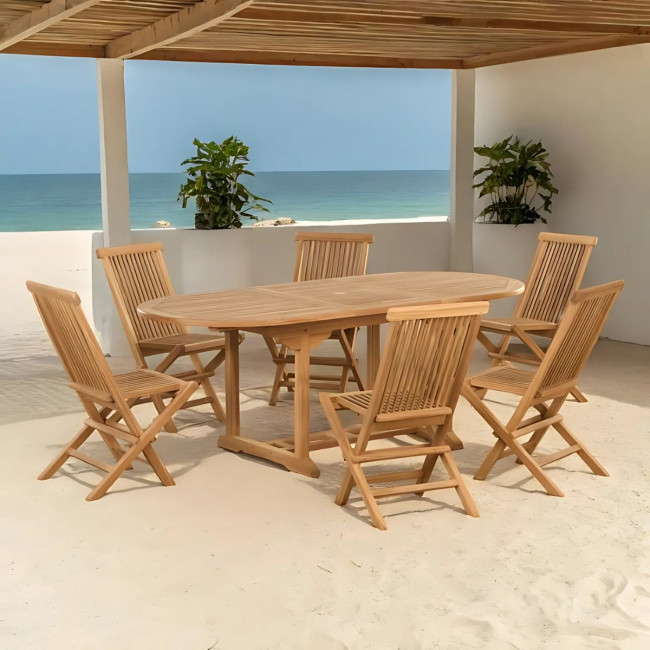 Ensemble jardin en teck massif table ovale extensible et 6 chaises pliantes