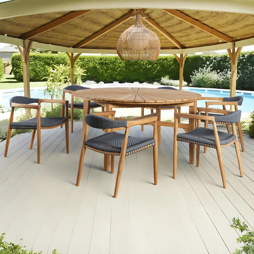 Ensemble table ronde en teck et 6 fauteuils en teck et corde