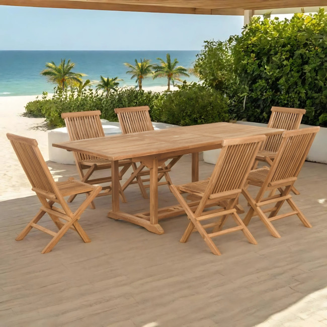 Ensemble table de jardin extensible et 6 chaises pliantes en teck massif