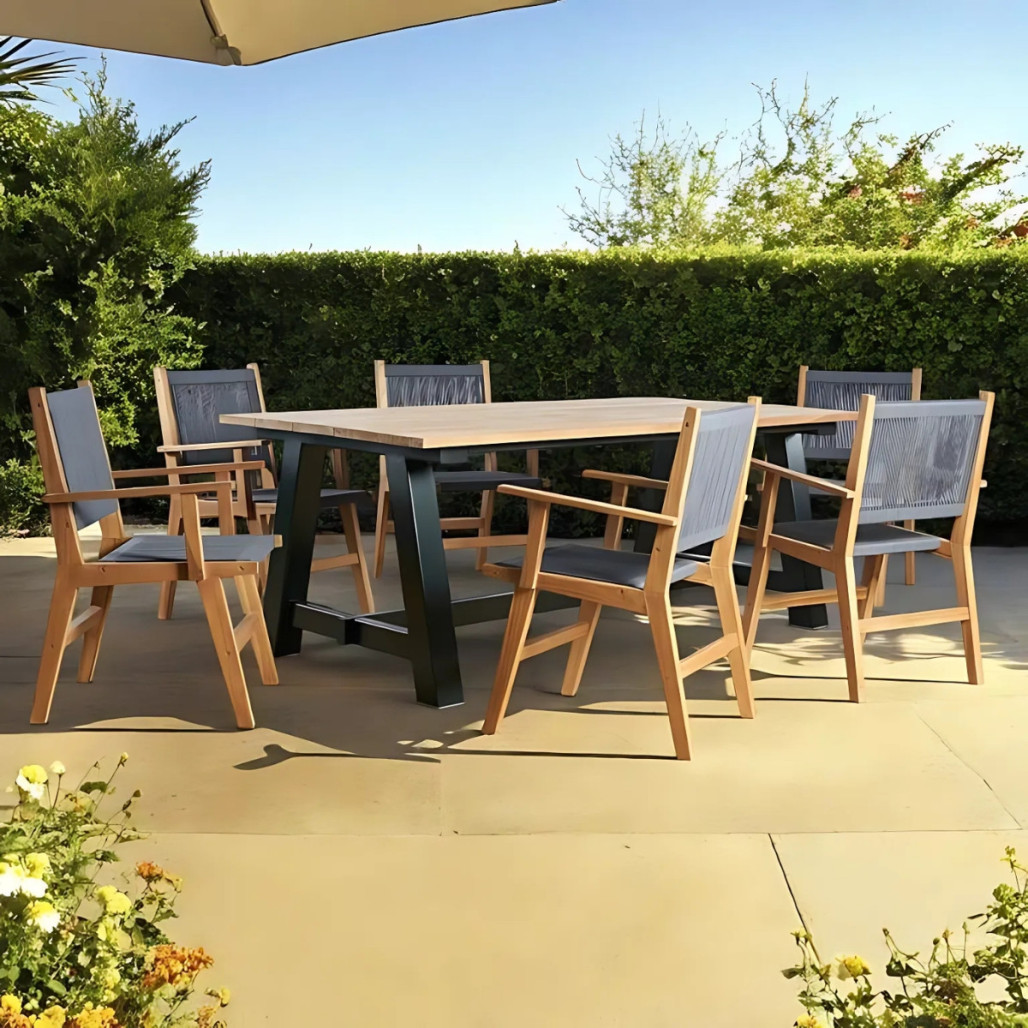 Ensemble table de jardin en teck et 6 fauteuils dark grey