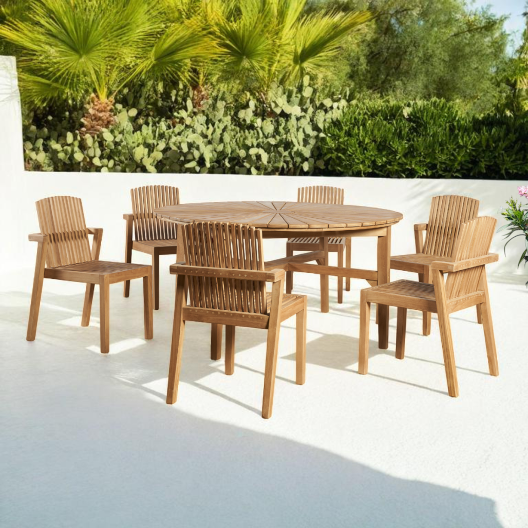 Ensemble de jardin table ronde et 6 chaises en teck