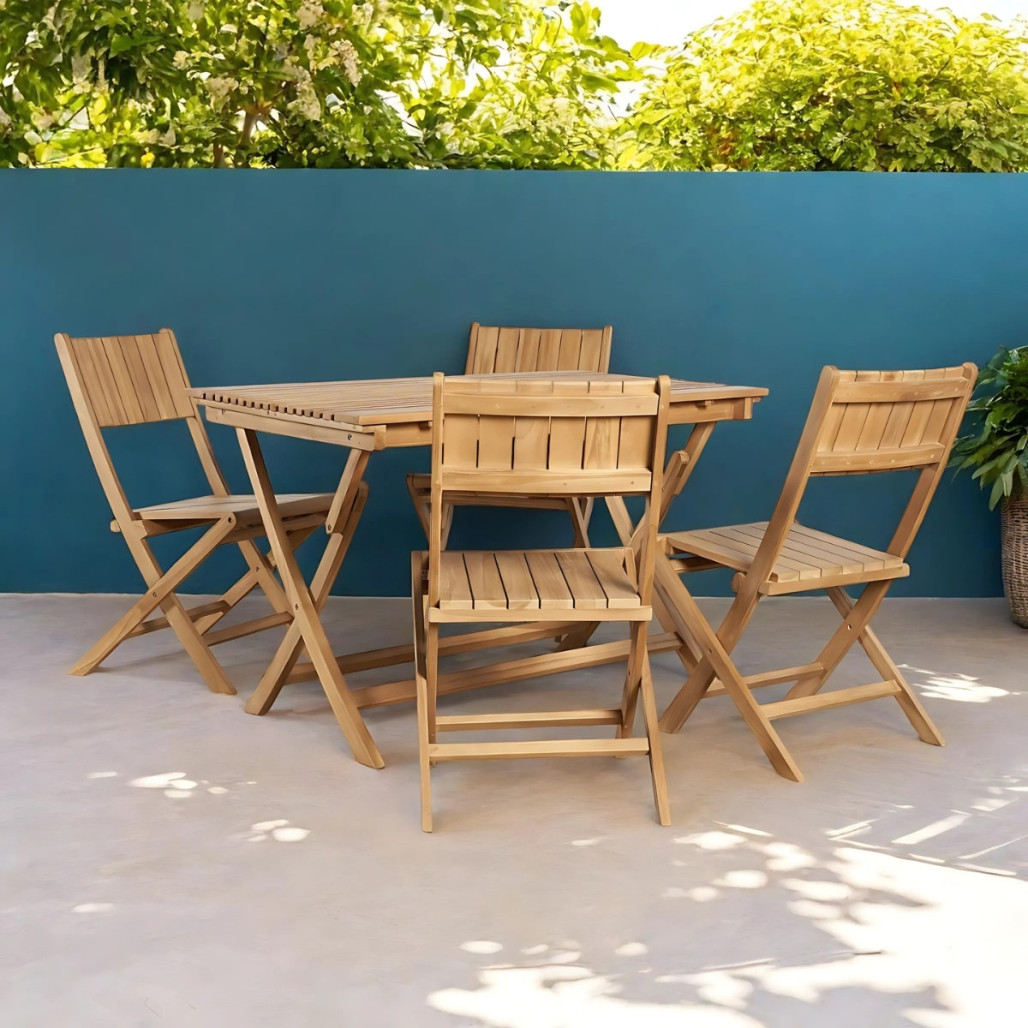 Ensemble de jardin table en teck et 4 chaises pliantes