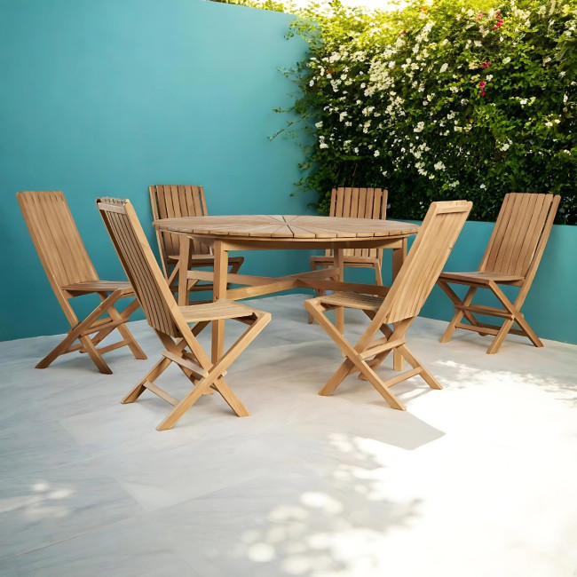 Ensemble table ronde en teck et 6 chaises pliantes
