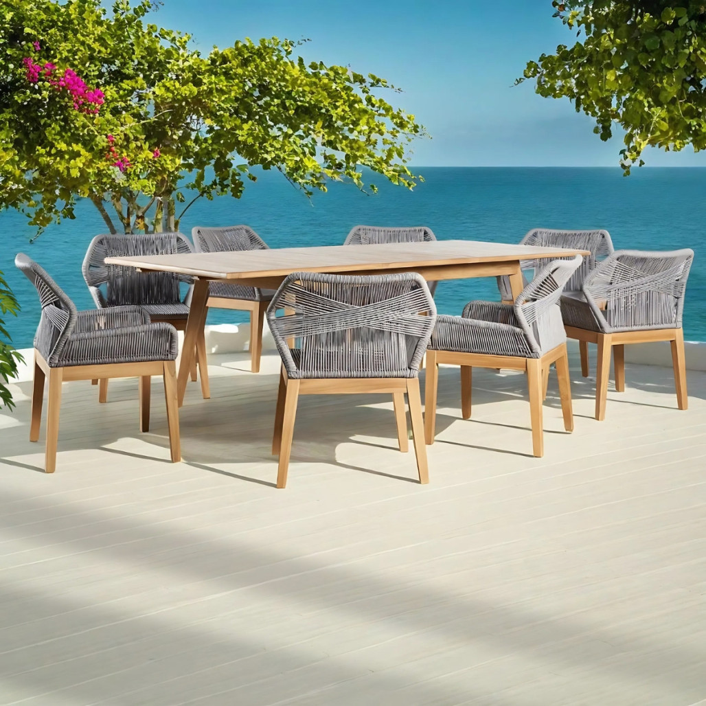 Ensemble table extensible de jardin et 8 fauteuils gris