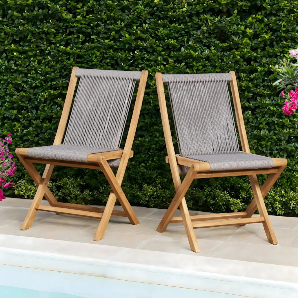 Lot de 2 chaises de jardin en teck et corde gris Kristo