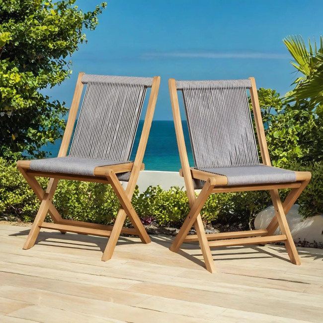 Lot de 2 chaises de jardin en teck et corde gris Kristo