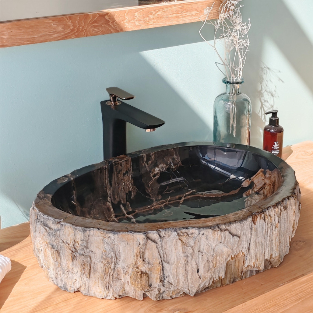 Lavabo de salle de bain en bois pétrifié fossilisé noir