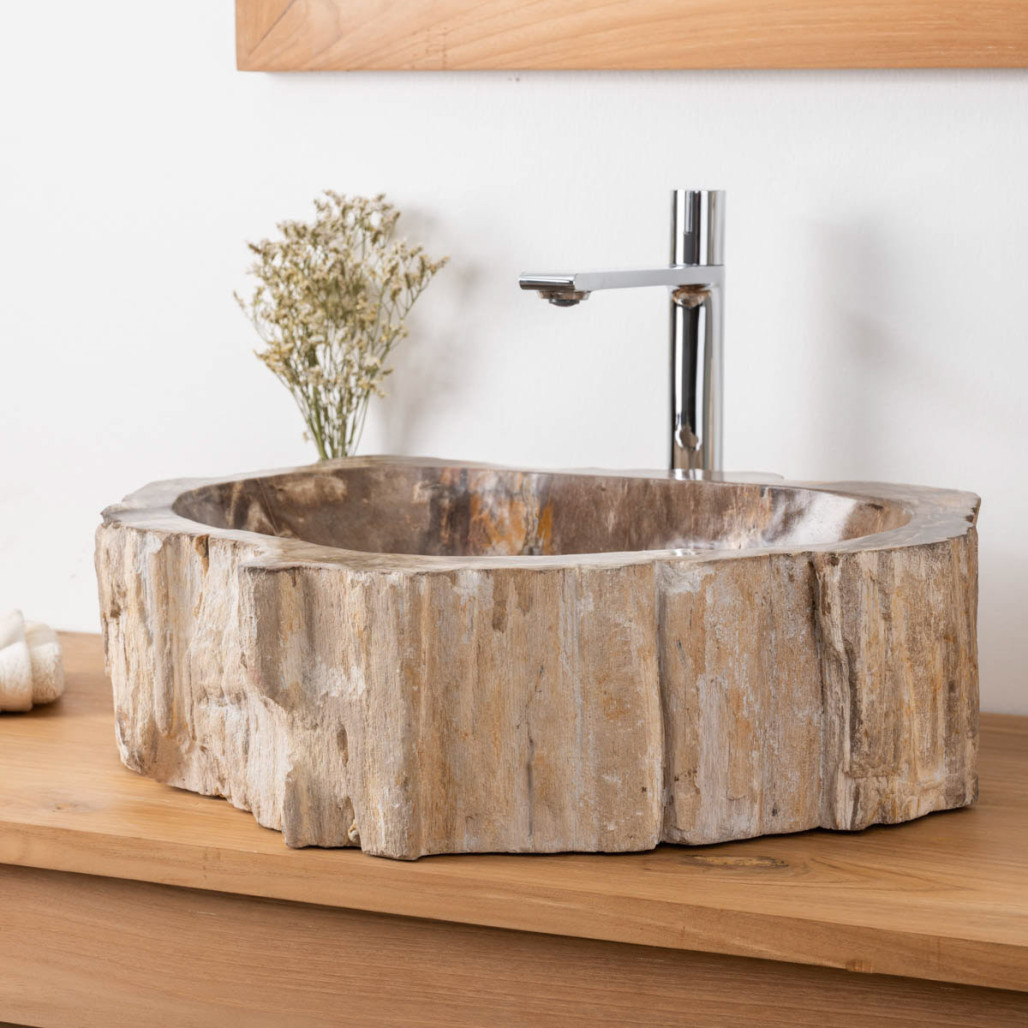 Vasque salle de bain en bois pétrifié fossilisé brun