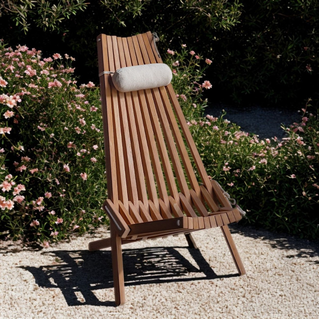 Chaise de jardin en teck avec coussin blanc et appui-tête - Wanda Collection