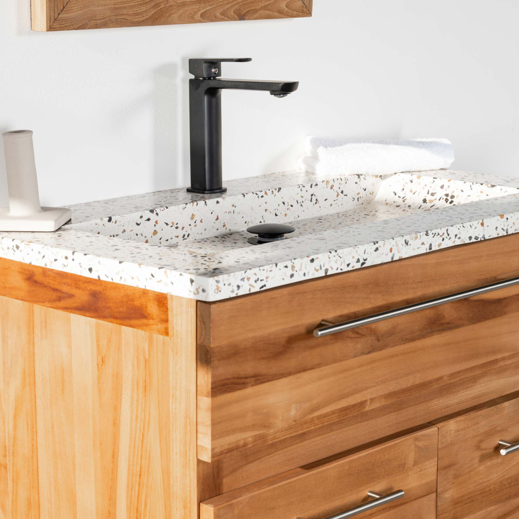 Meuble salle de bain en teck avec plan en terrazzo crème Bagster 80 cm Meuble salle de bain en teck avec plan en terrazzo crème Bagster 80 cm