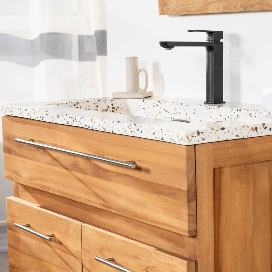 Meuble salle de bain en teck avec plan en terrazzo crème Bagster 80 cm Meuble salle de bain en teck avec plan en terrazzo crème Bagster 80 cm