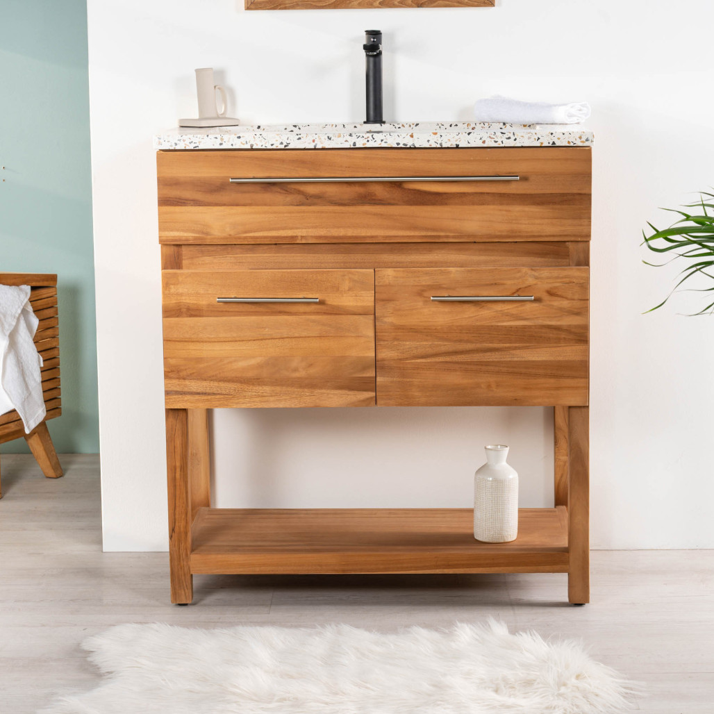 Meuble salle de bain en teck avec plan en terrazzo crème Bagster 80 cm Meuble salle de bain en teck avec plan en terrazzo crème Bagster 80 cm