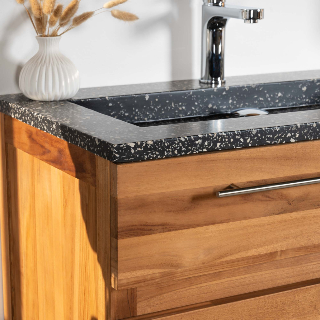 Meuble salle de bain en teck avec plan en terrazzo noir Bagster 80 cm Meuble salle de bain en teck avec plan en terrazzo noir Bagster 80 cm