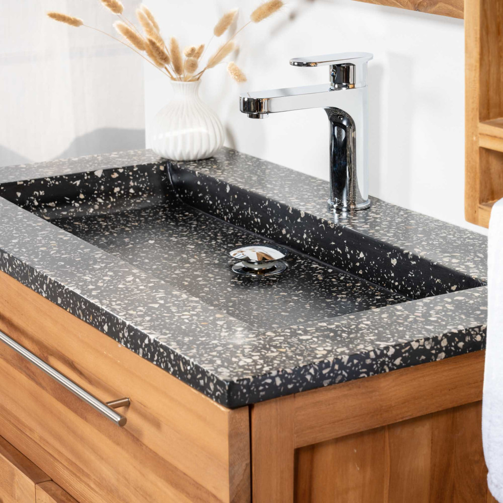 Meuble salle de bain en teck avec plan en terrazzo noir Bagster 80 cm Meuble salle de bain en teck avec plan en terrazzo noir Bagster 80 cm