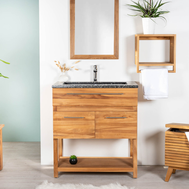Meuble salle de bain en teck avec plan en terrazzo noir Bagster 80 cm