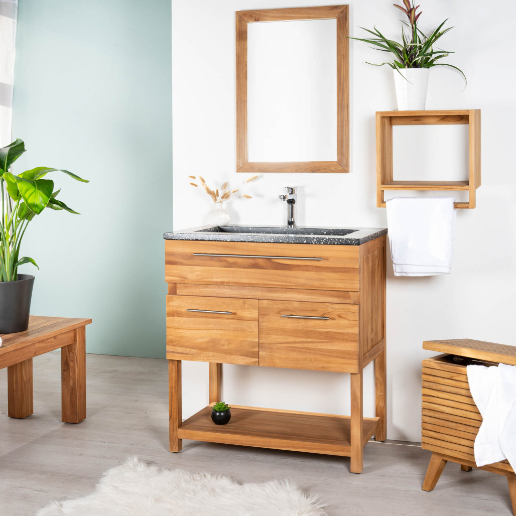 Meuble salle de bain en teck avec plan en terrazzo noir Bagster 80 cm Meuble salle de bain en teck avec plan en terrazzo noir Bagster 80 cm