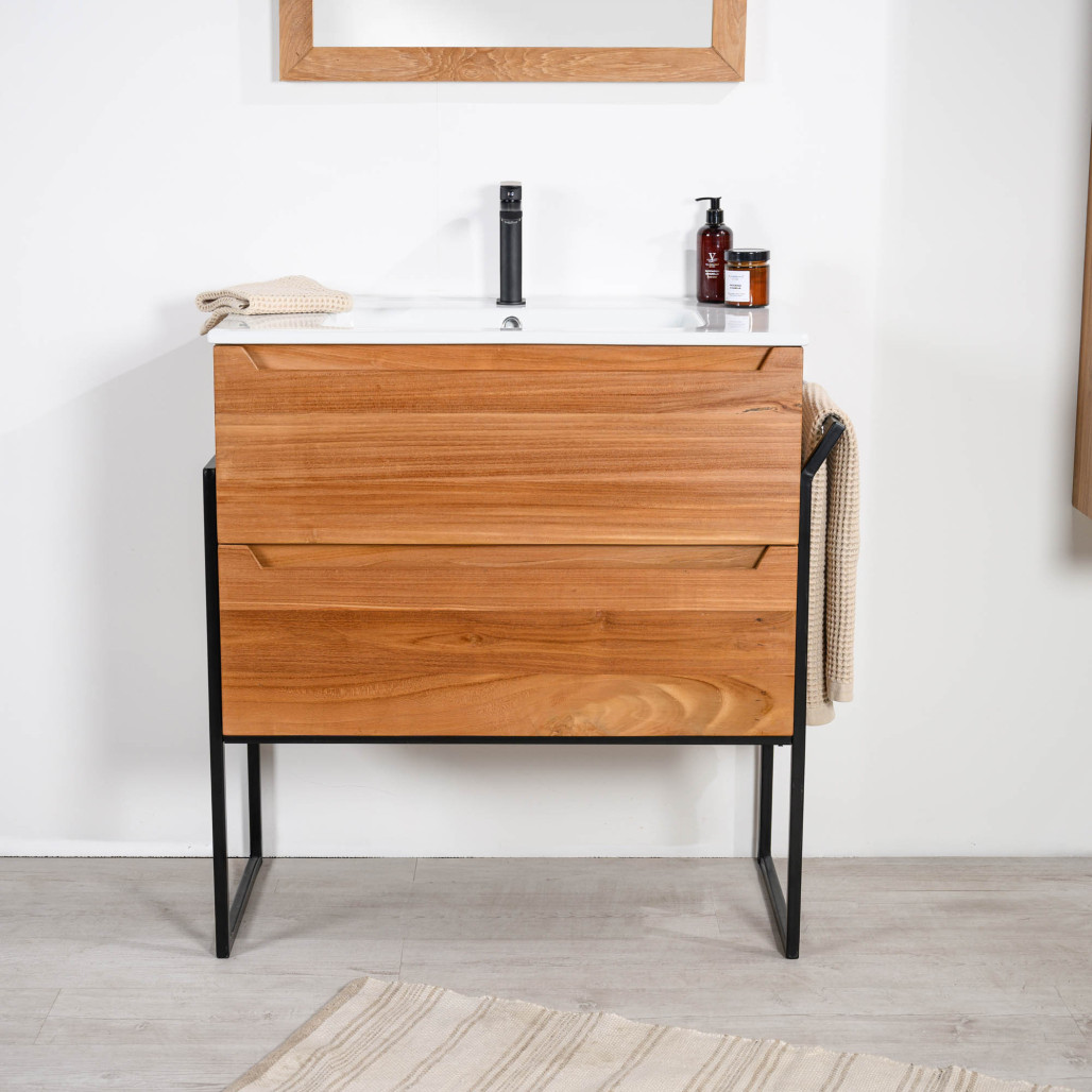 Meuble salle de bain en teck et céramique 80 cm Vila - Wanda collection