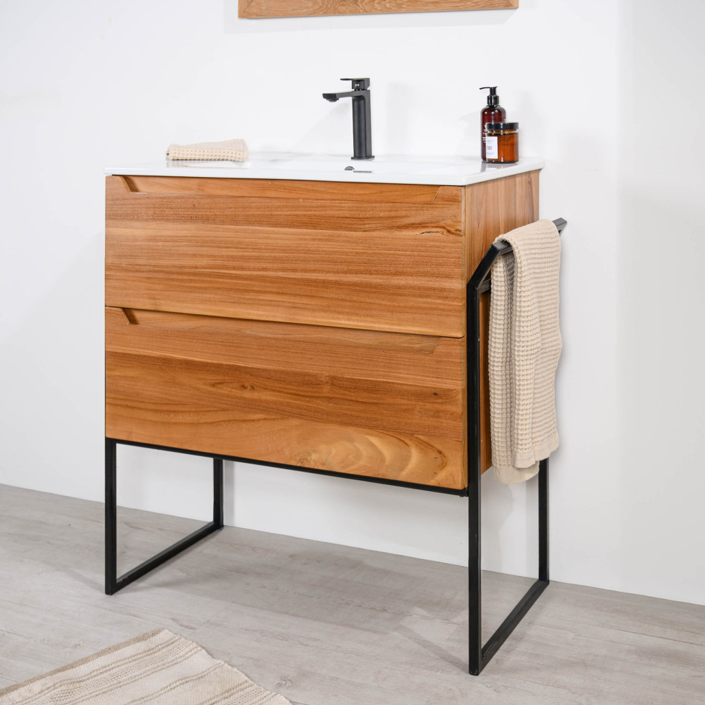 Meuble salle de bain en teck et céramique 80 cm Vila - Wanda collection