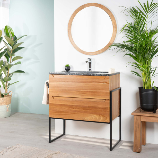Meuble salle de bain en teck et terrazzo noir Vila 80cm - Wanda collection