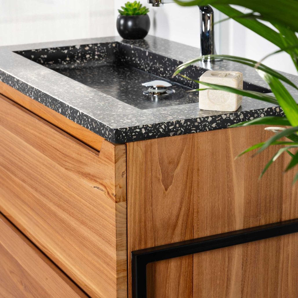 Meuble salle de bain en teck et terrazzo noir Vila 80cm - Wanda collection