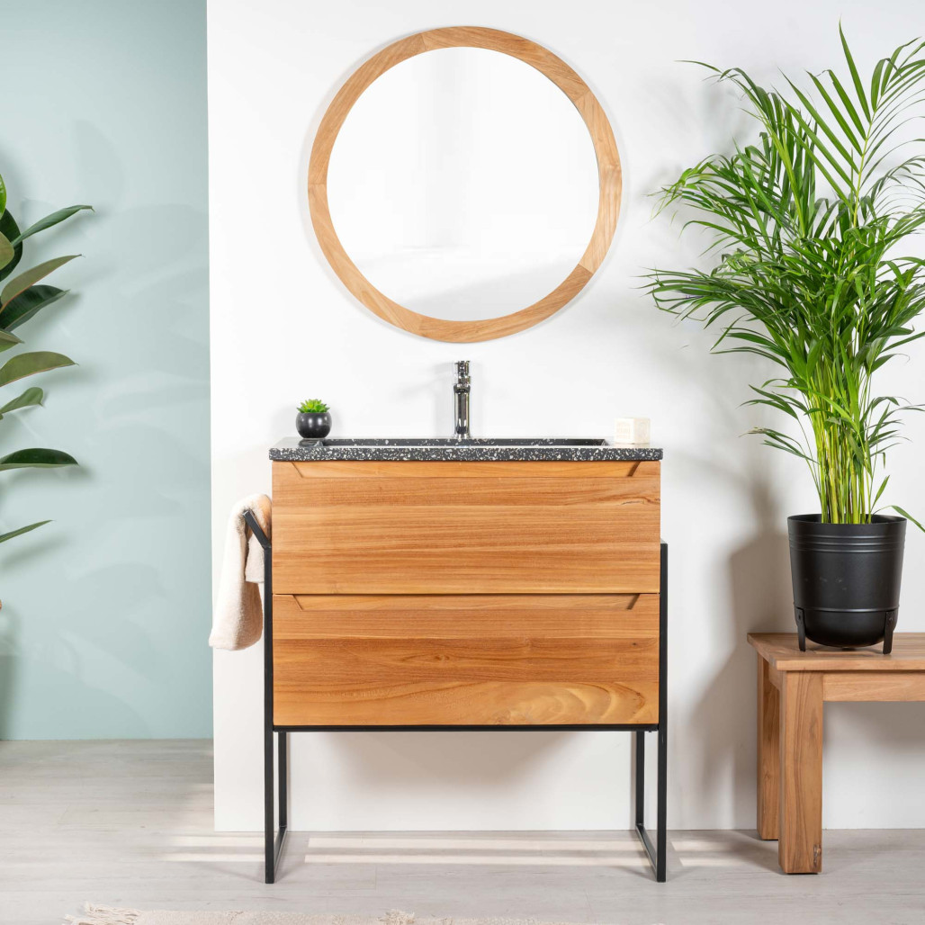 Meuble salle de bain en teck et terrazzo noir Vila 80cm