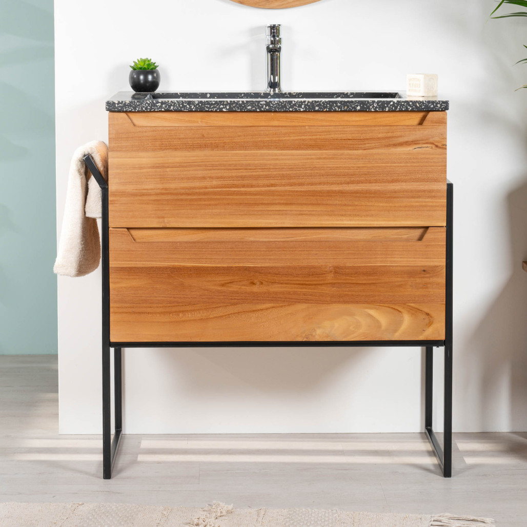 Meuble salle de bain en teck et terrazzo noir Vila 80cm - Wanda collection