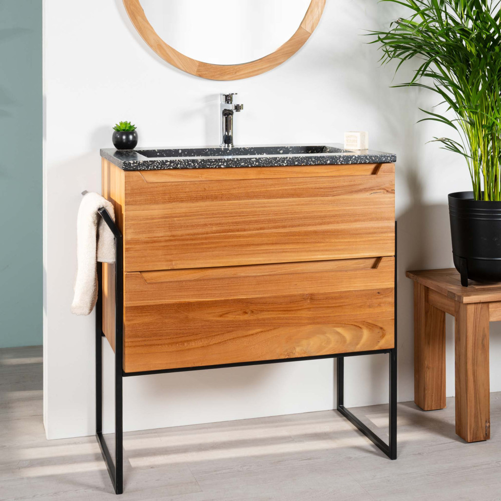 Meuble salle de bain en teck et terrazzo noir Vila 80cm - Wanda collection