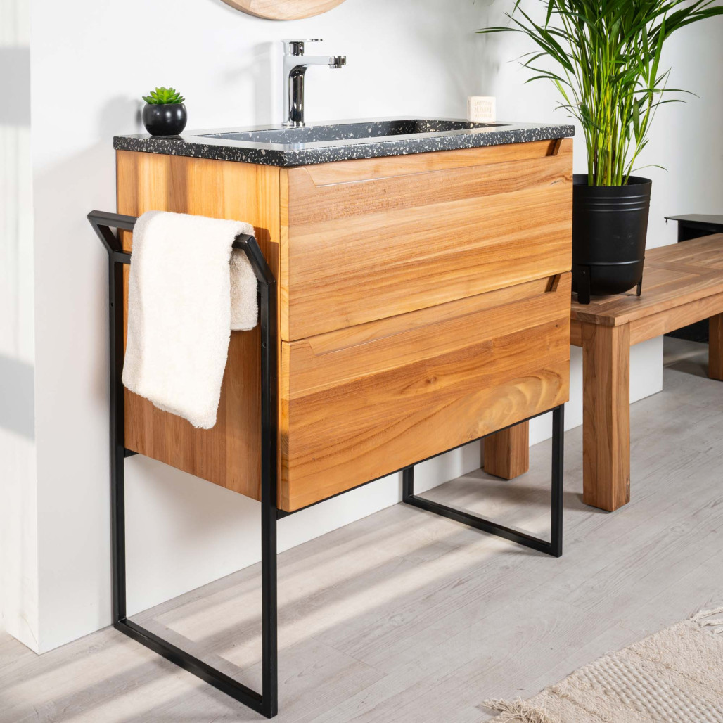 Meuble salle de bain en teck et terrazzo noir Vila 80cm - Wanda collection