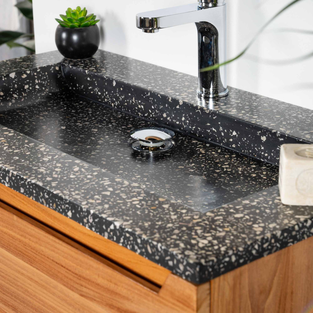 Meuble salle de bain en teck et terrazzo noir Vila 80cm - Wanda collection