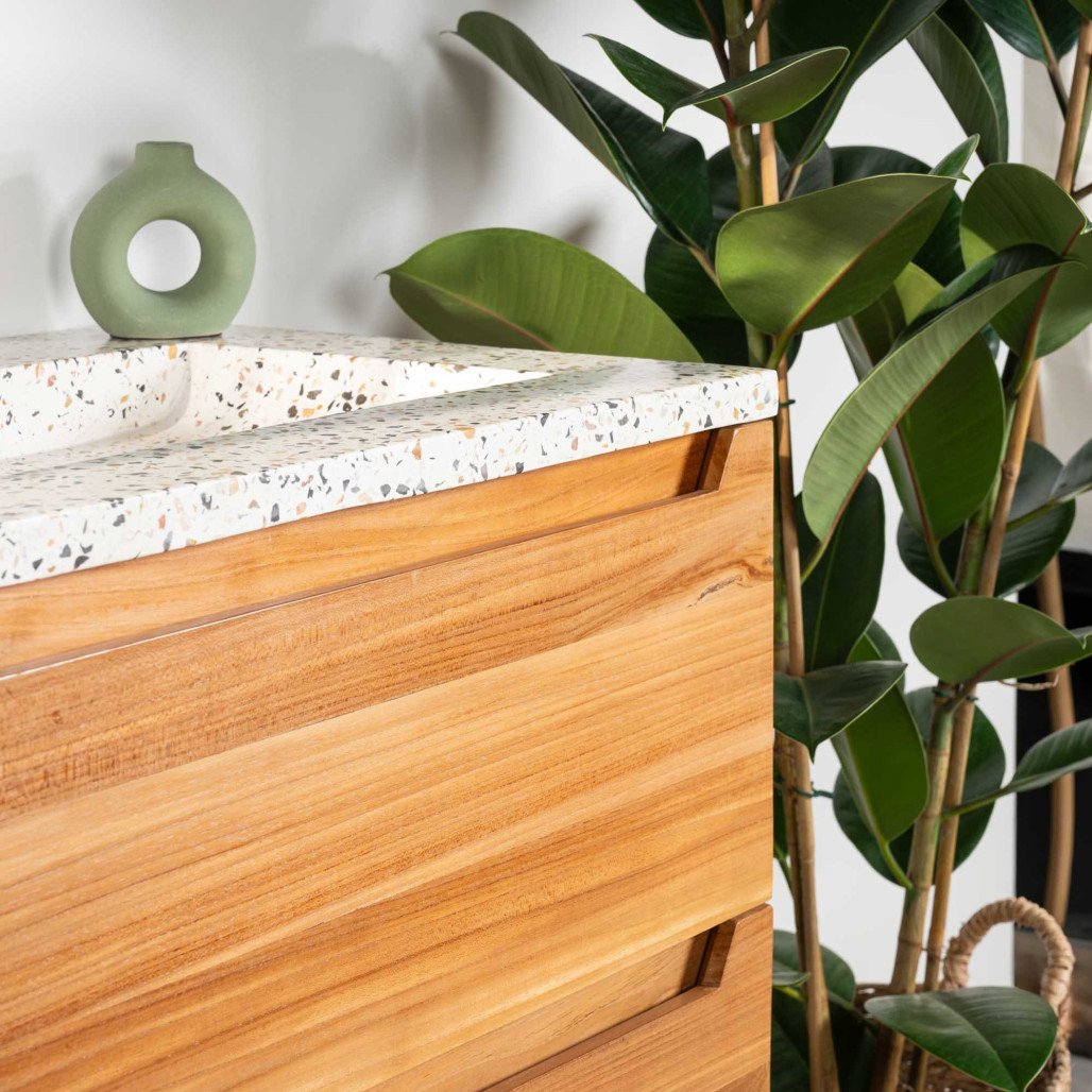 Meuble salle de bain en teck et terrazzo crème Vila 80cm - Wanda collection