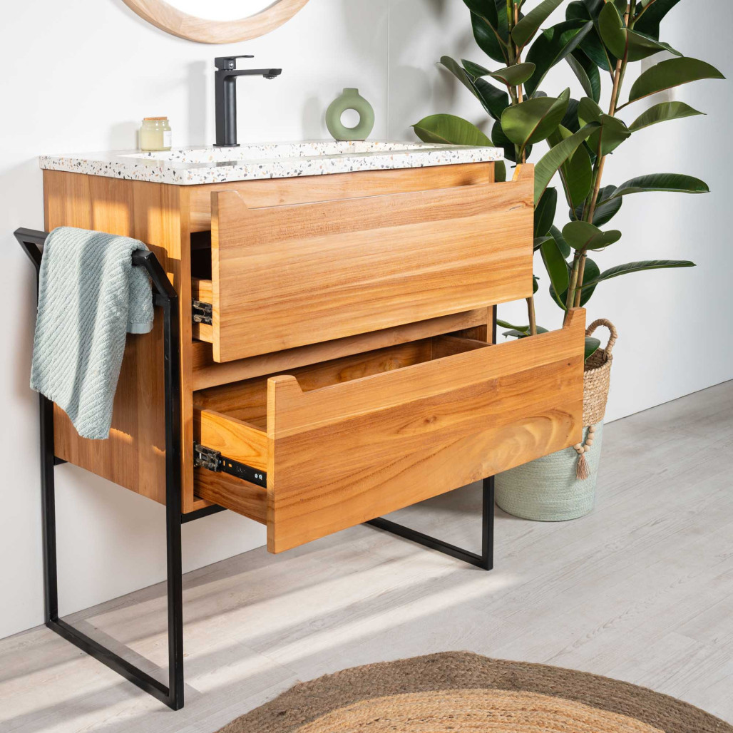 Meuble salle de bain en teck et terrazzo crème Vila 80cm - Wanda collection