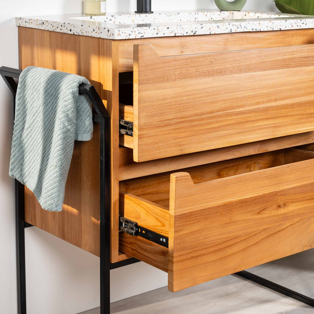 Meuble salle de bain en teck et terrazzo crème Vila 80cm - Wanda collection