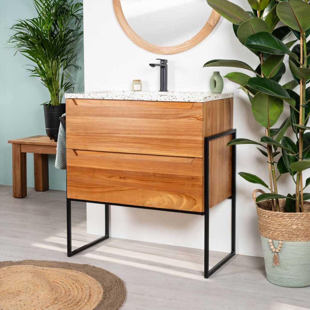Meuble salle de bain en teck et terrazzo crème Vila 80cm - Wanda collection