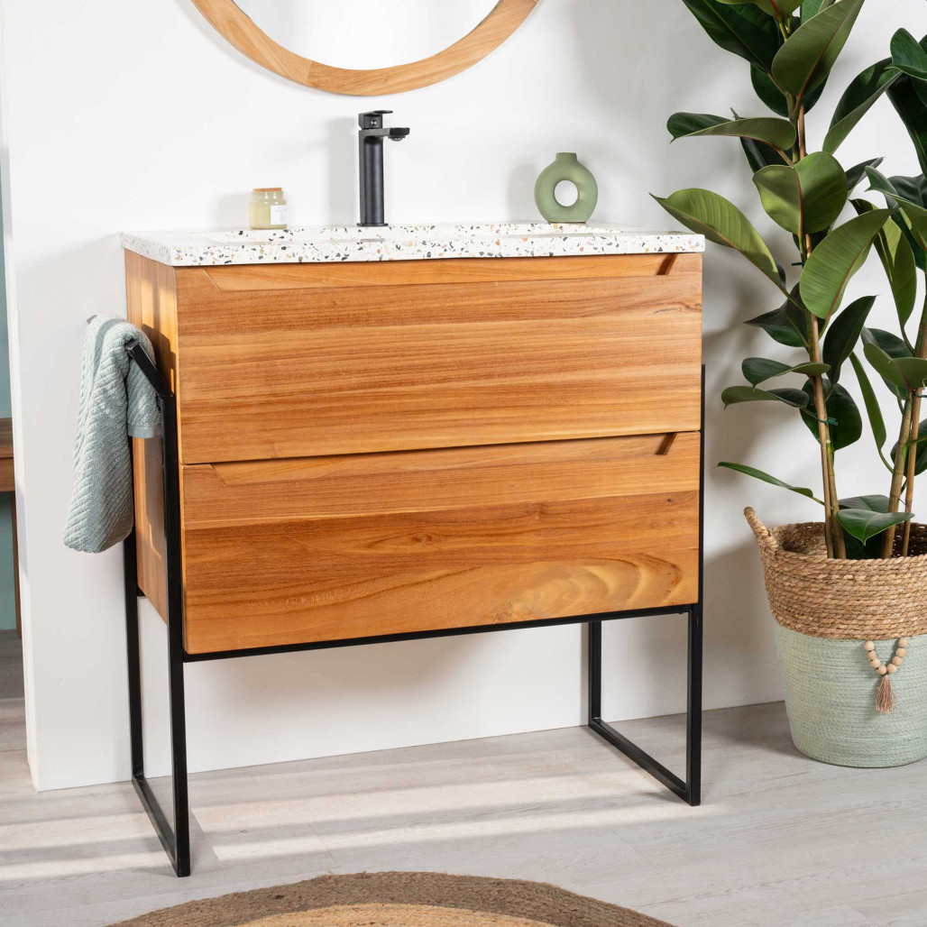 Meuble salle de bain en teck et terrazzo crème Vila 80cm - Wanda collection