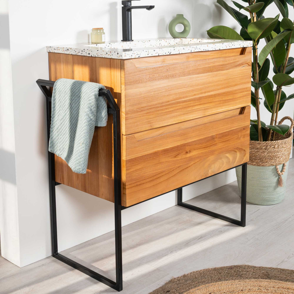 Meuble salle de bain en teck et terrazzo crème Vila 80cm - Wanda collection