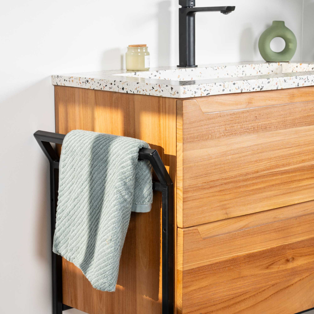Meuble salle de bain en teck et terrazzo crème Vila 80cm - Wanda collection