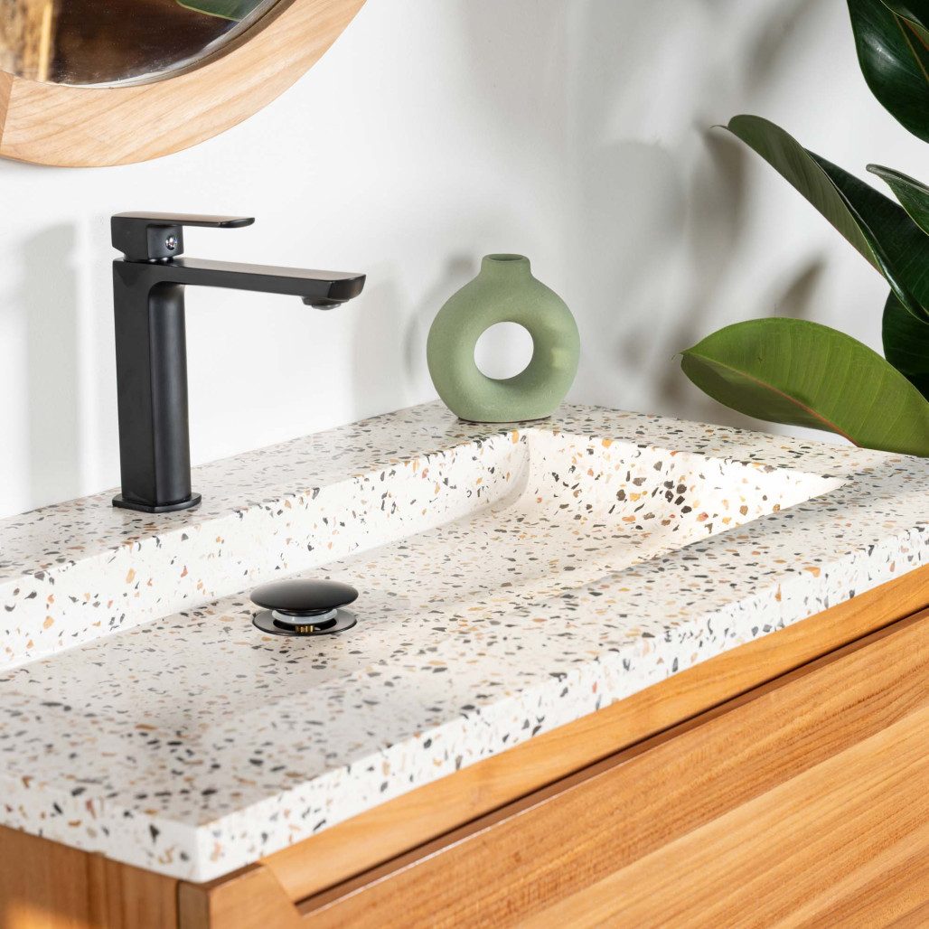 Meuble salle de bain en teck et terrazzo crème Vila 80cm - Wanda collection