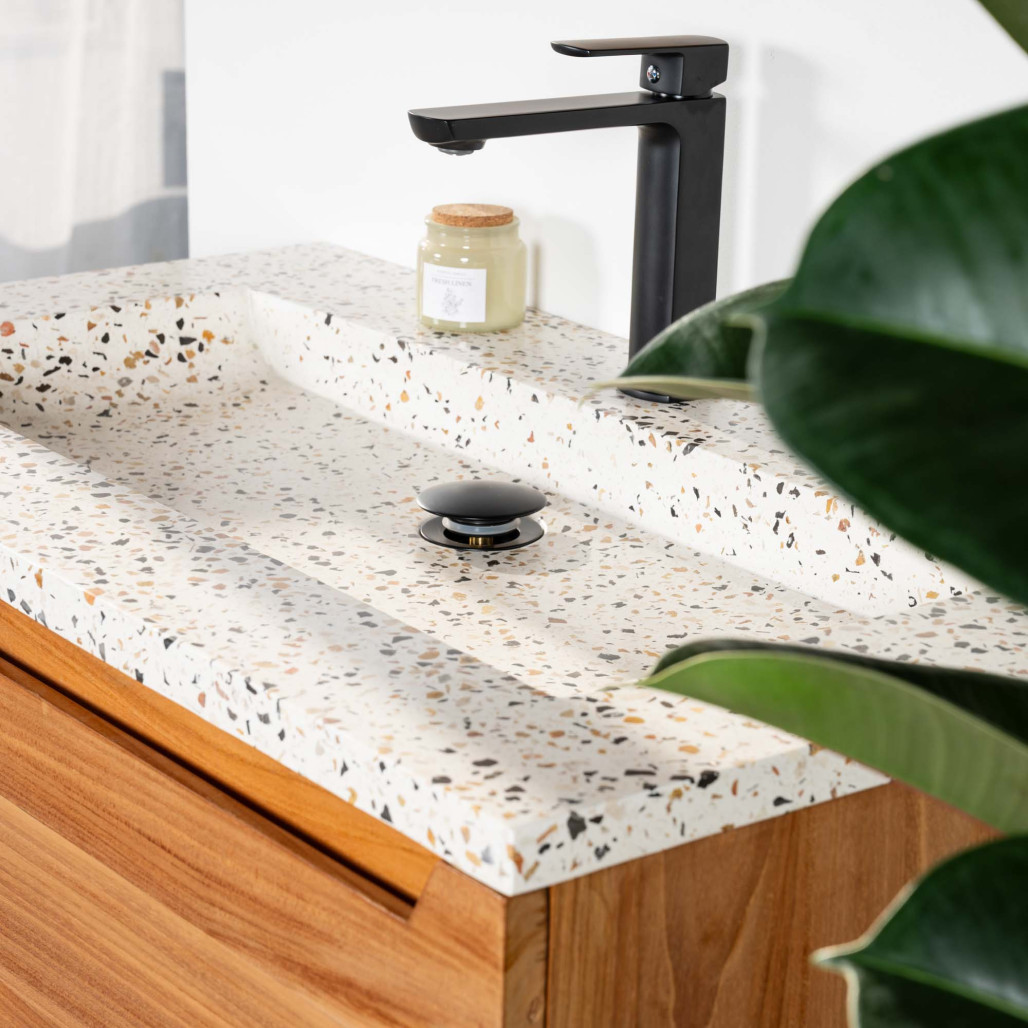 Meuble salle de bain en teck et terrazzo crème Vila 80cm - Wanda collection