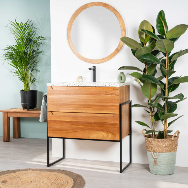 Meuble salle de bain en teck et terrazzo crème Vila 80cm
