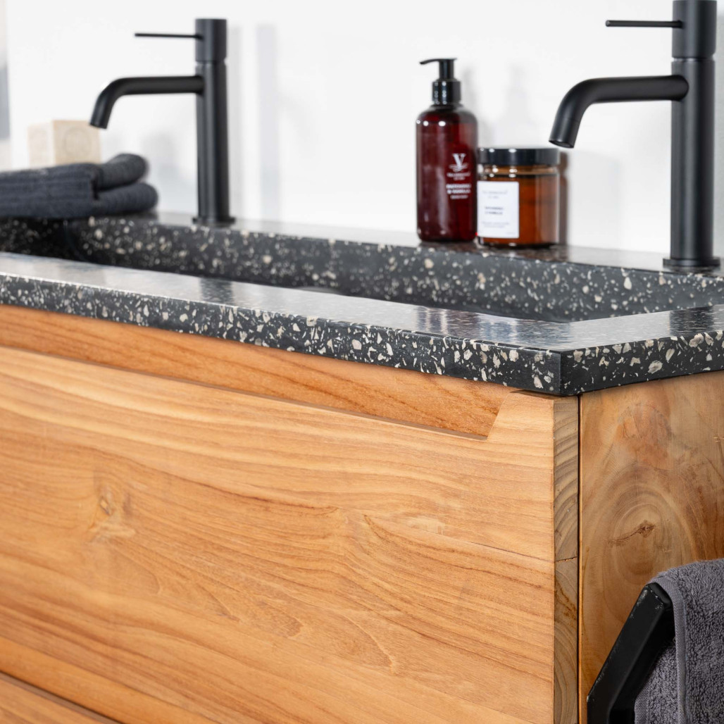 Meuble salle de bain en teck et Terrazzo noir Vila 120cm - Salle de bain - Wanda collection