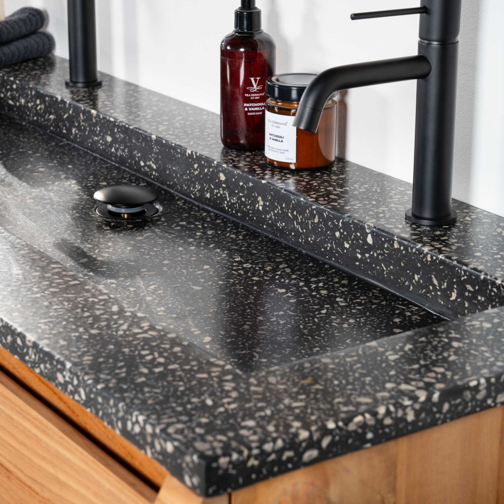 Meuble salle de bain en teck et Terrazzo noir Vila 120cm - Salle de bain - Wanda collection