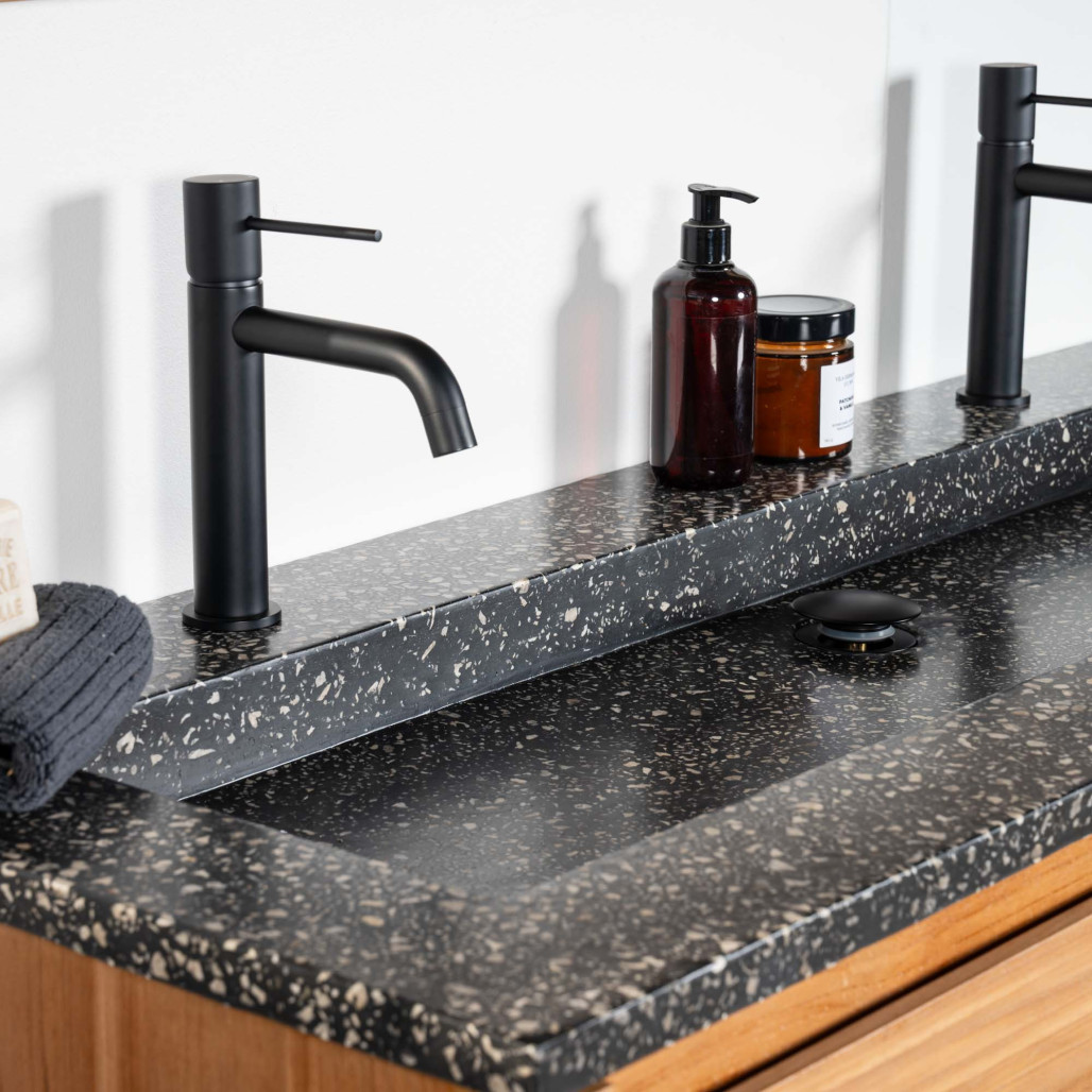 Meuble salle de bain en teck et Terrazzo noir Vila 120cm - Salle de bain - Wanda collection