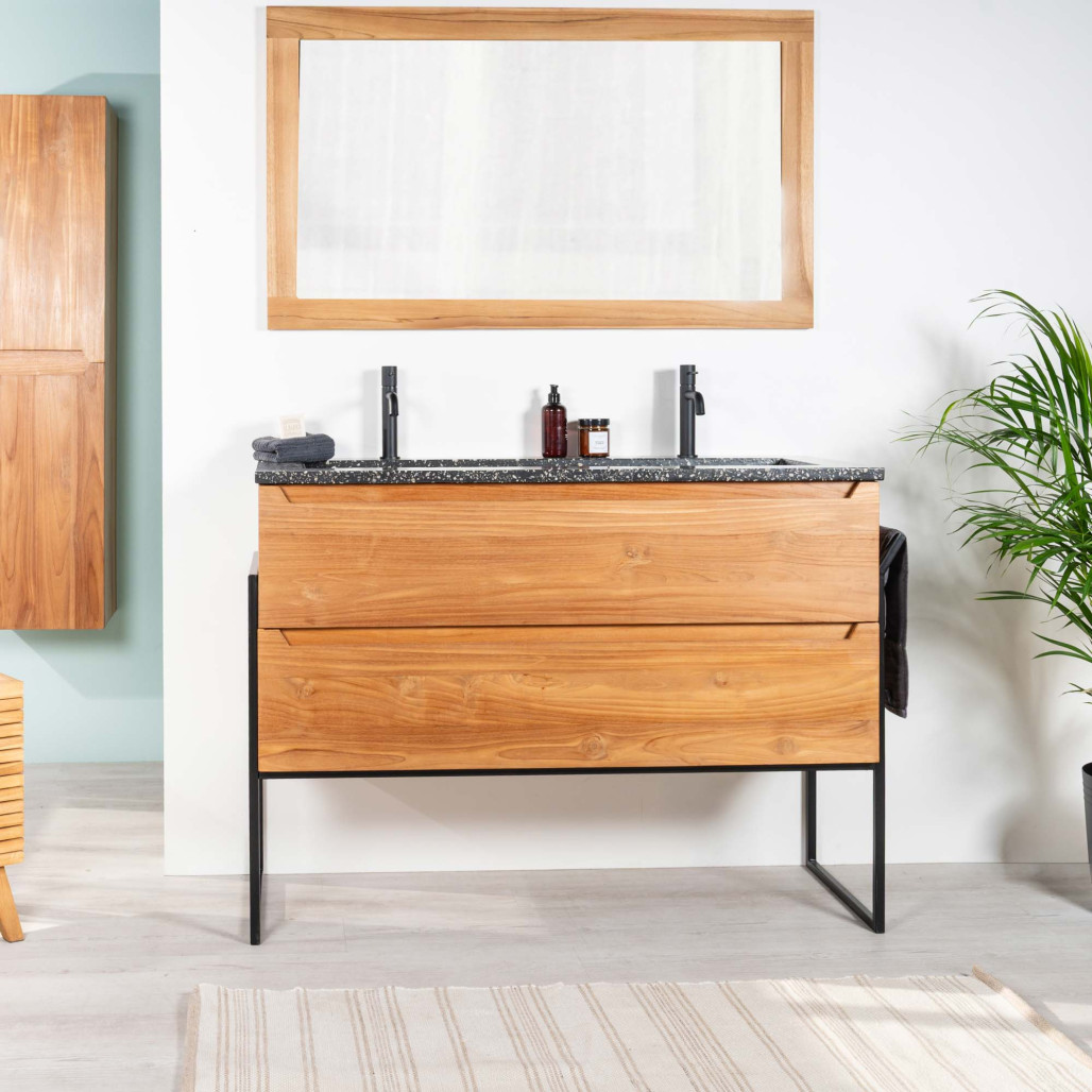 Meuble salle de bain en teck et Terrazzo noir Vila 120cm