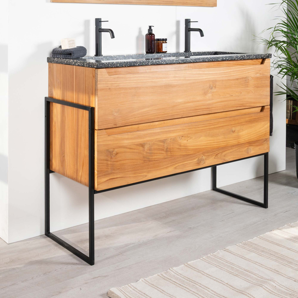 Meuble salle de bain en teck et Terrazzo noir Vila 120cm - Salle de bain - Wanda collection