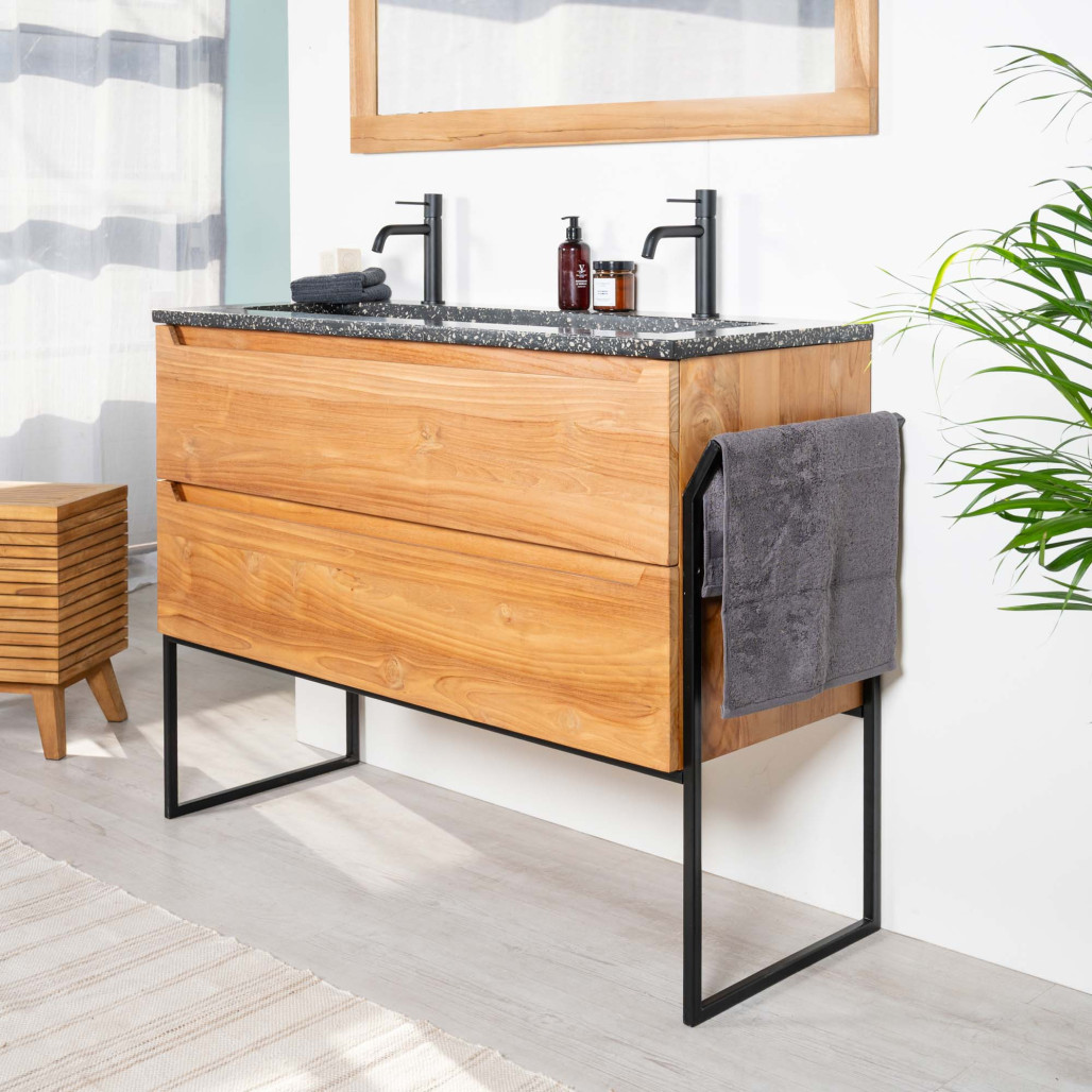 Meuble salle de bain en teck et Terrazzo noir Vila 120cm - Salle de bain - Wanda collection