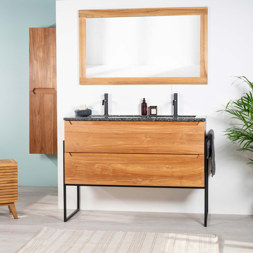 Meuble salle de bain en teck et Terrazzo noir Vila 120cm - Salle de bain - Wanda collection