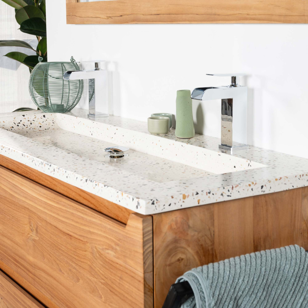 Meuble salle de bain en teck et Terrazzo crème Vila 120cm - Salle de bain - Wanda collection
